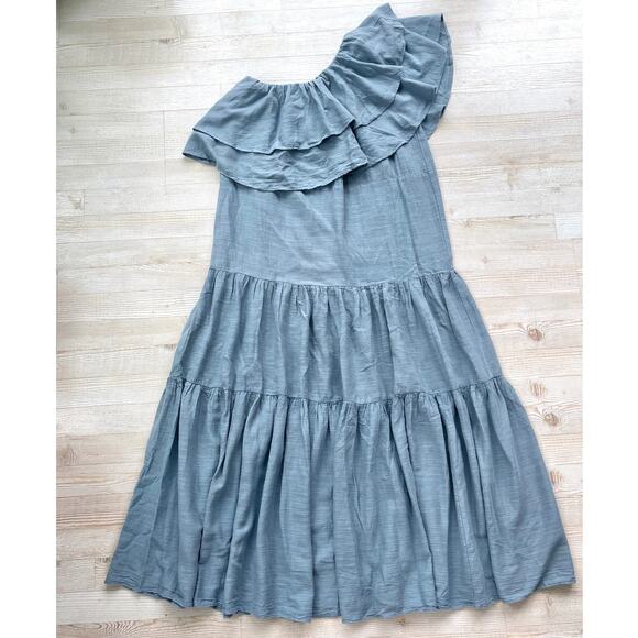 Pearl‎ & Caviar Linen Mix One Shoulder Maxi Dress | Dusty Blue Size XS/S - Picture 1 of 8